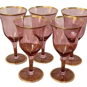 Regal Crystal Amethyst Stemware - 5 goblets with gilded around lip and foot 7"